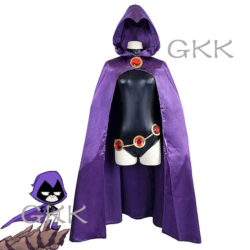 GK Teen Titans Raven Cosplay Costume Superhero Cloak Jumpsuits Zentai Halloween Tight clothes + Cape