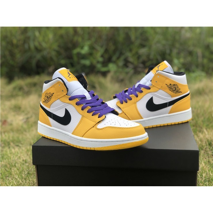 ♞,♘,,Nike 2019 Original Air Jordan 1 Mid SE "Lakers" White Purple Yellow 852542-700   r  รองเท้า tr