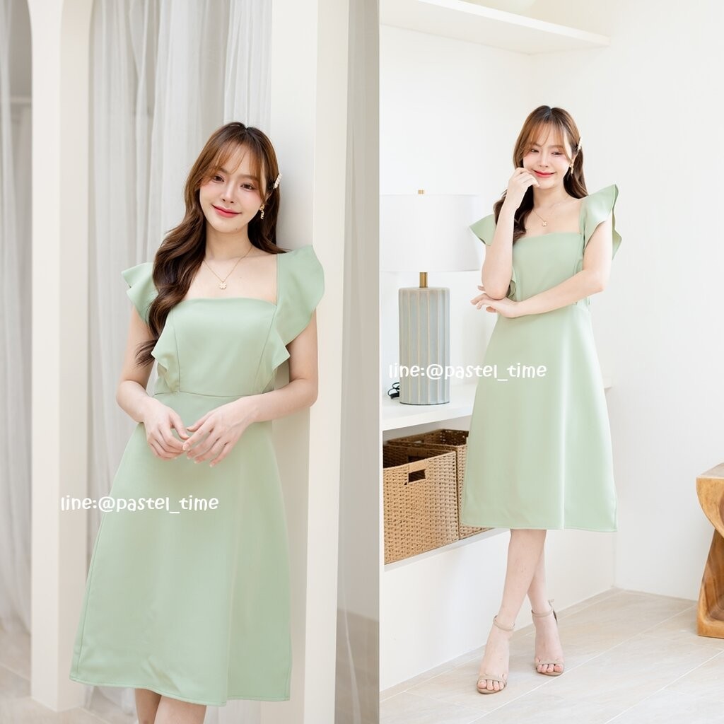 Rika Ruffle Dress : สีเขียวมัทฉะ