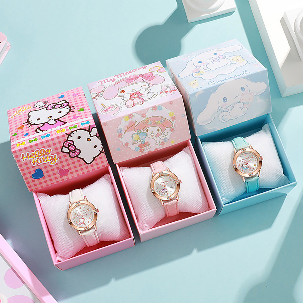 นาฬิกาข้อมือ ลายการ์ตูน Sanrio Kuromi Hello Kitty พร้อมกล่องของขวัญ สําหรับเด็กผู้หญิง