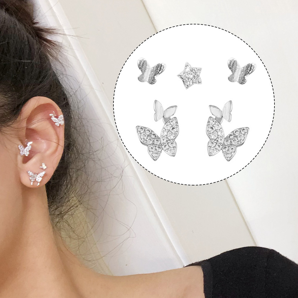 ต่างหู ต่างหูเงินแท้ ผีเสื้อเพชร สีเงิน 5 ชิ้น ต่างหูสตั๊ด Silver Stud Earrings