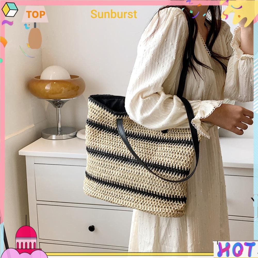 [Sunburst11.th] กระเป๋าถือ กระเป๋าสะพายไหล่ ฟางสาน ลายทาง เหมาะกับฤดูร้อน สําหรับผู้หญิง (2)