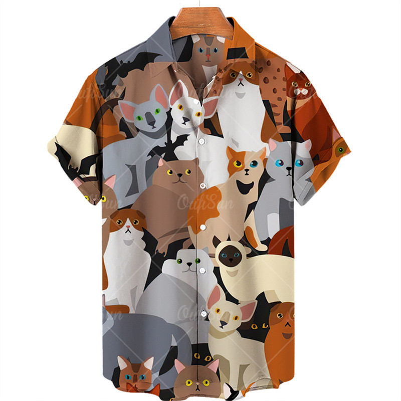 Kawaii เสื้อเชิ้ตแขนสั้น พิมพ์ลายกราฟฟิคแมว 3D สไตล์ฮาวาย วินเทจ สําหรับผู้ชาย y2k
