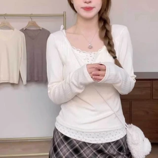 เสื้อยืดแขนยาว แบบเย็บติดกันสองชิ้น ลายดอกไม้มินิมอล