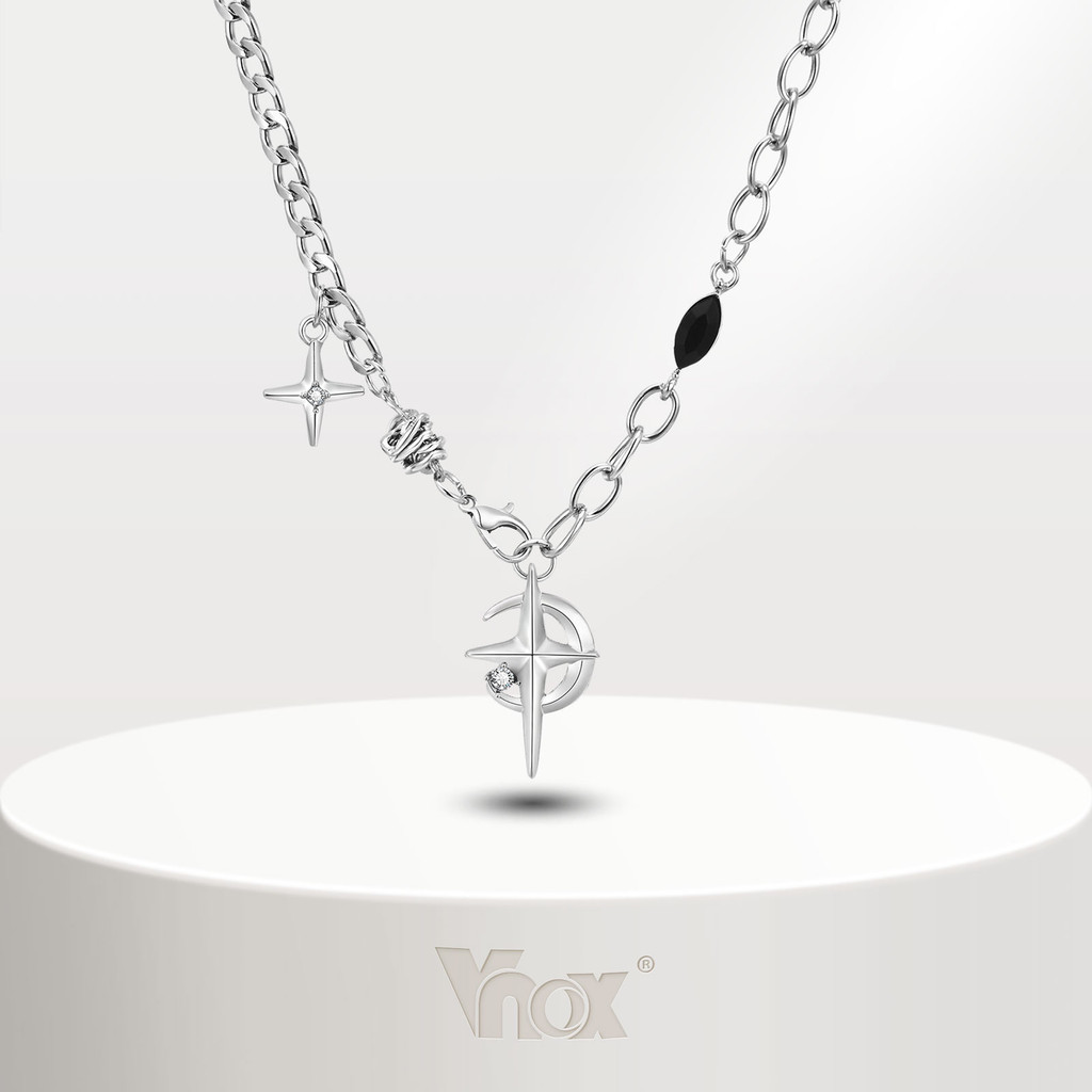 Vnox สร้อยคอโซ่ สเตนเลส จี้พลอยเทียม รูปดาว ดวงจันทร์ ไม้กางเขน สไตล์ฮิปฮอป ของขวัญเครื่องประดับ สําหรับผู้หญิง และผู้ชา