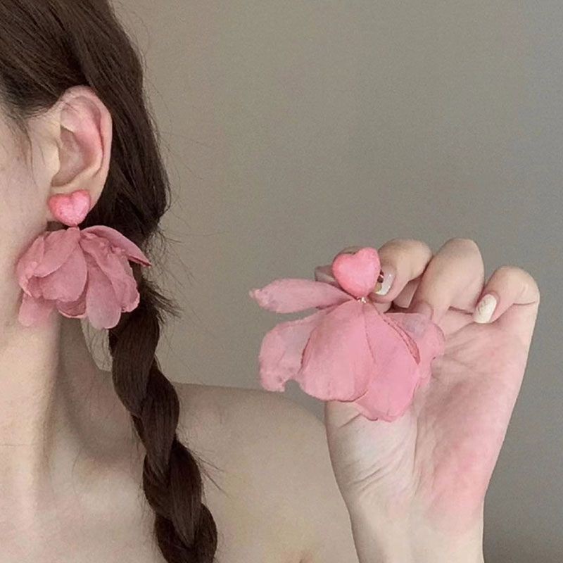 ต่างหู ผ้าชีฟอง รูปกลีบดอกไม้ สีชมพูหวาน ออกแบบดี 2024