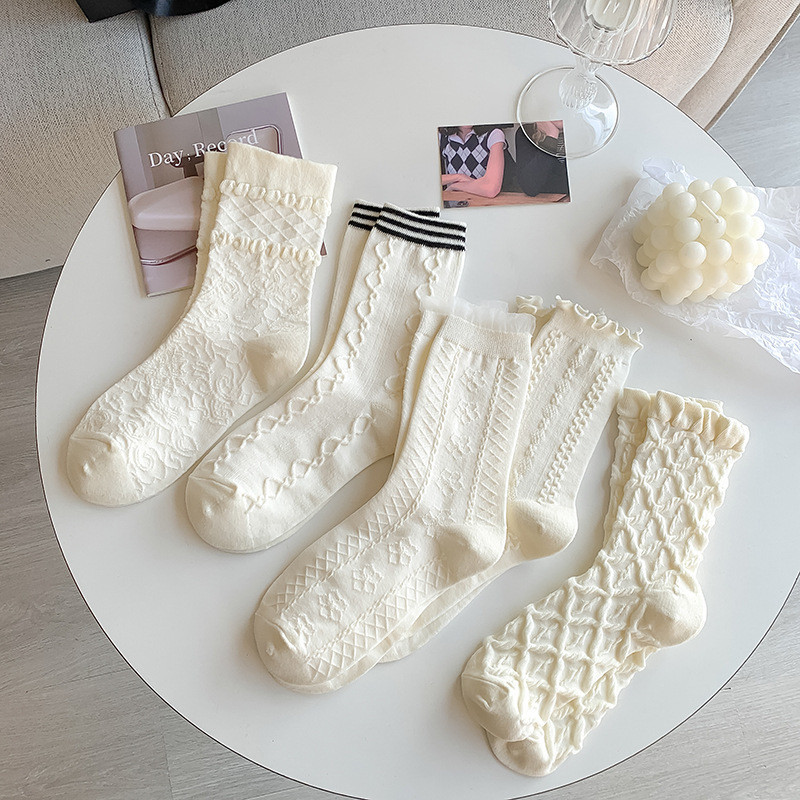 ถุงเท้า ผ้าฝ้าย พิมพ์ลายลูกไม้ สีขาว สไตล์โลลิต้า สําหรับผู้หญิง และนักเรียน  ดูดซับเหงื่อและระบายอากาศ