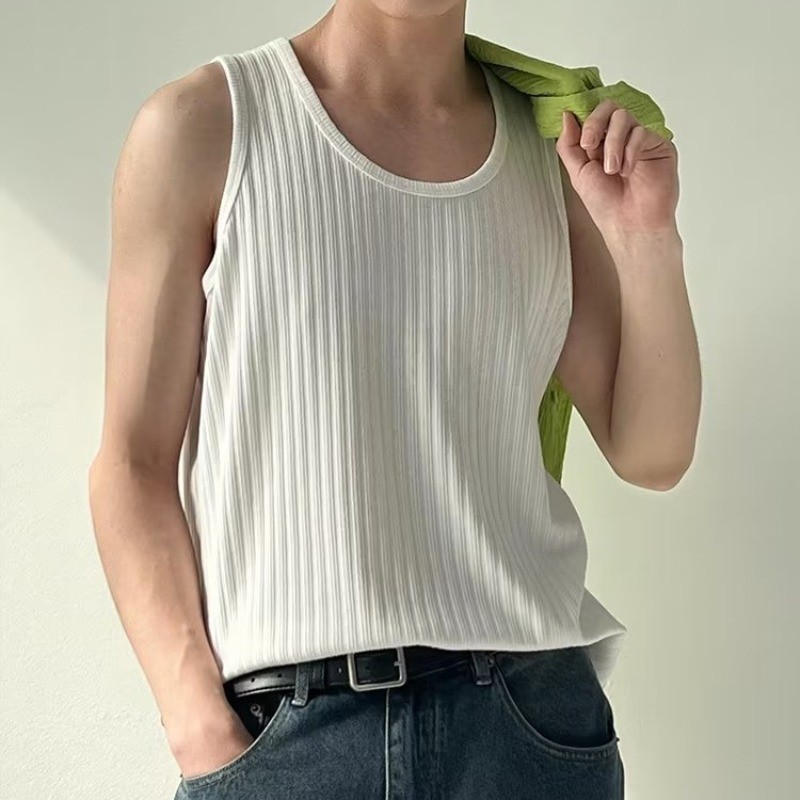 เสื้อกล้ามถัก ลายทาง เรียบง่าย สีพื้น หนา สําหรับผู้ชาย เสื้อยืดผ้าฝ้าย พื้นฐาน เกาหลี พร้อมเสื้อยืด แขนกุด ด้านล่าง