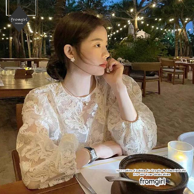เสื้อเชิ้ตแขนยาว สีแอปริคอท สไตล์เกาหลี ฝรั่งเศส หวานแหวว