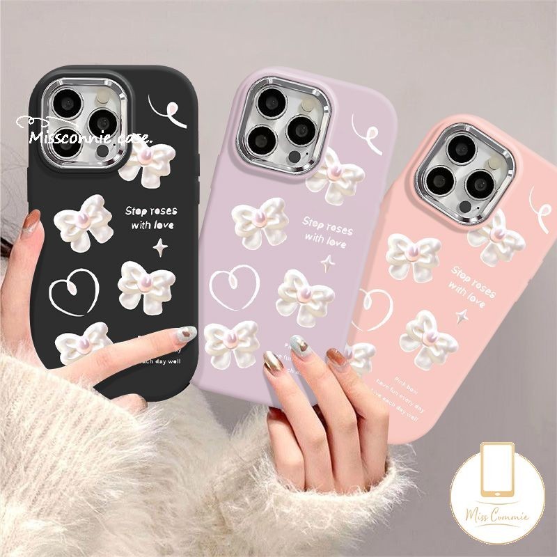 สําหรับ Oppo A60 A18 A17 A38 A17 A16 A7 A17K A98 A53 A15 A78 A52 A76 A9 A3s A11 A12 A54 A77 A58 A57 A55 A74 A5s Reno 5F 4F 5 สีขาว Bowknot Love Heart Candy สีโลหะเลนส ์ เคส