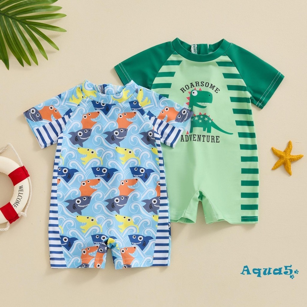 Aqq- ชุดว่ายน้ํา เด็กผู้ชาย ชุดว่ายน้ําลําลอง พิมพ์ลายไดโนเสาร์ แขนสั้น Monokini ชุดว่ายน้ําชายหาด ชุดว่ายน้ํา