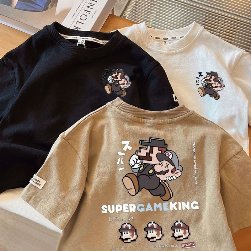 [เด็กผู้ชาย เสื้อยืด] (1-11ย) แขนสั้น100% ฝ้ายเย็นทีเสื้อคอกลมการ์ตูนพิมพ์วัยรุ่นท็อปส์แฟชั่นเด็กเสื้อผ้า