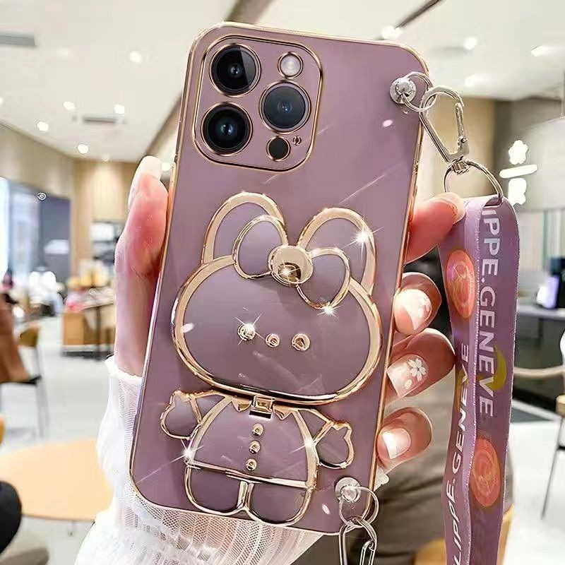 เคสโทรศัพท์มือถือ ลายกระต่าย พร้อมกระจกแต่งหน้า และสายคล้องคอ หรูหรา สําหรับ Samsung Galaxy S23 Plus S23 FE S23 Ultra S23+