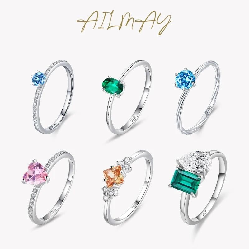 Ailmay แหวนเงินแท้ 925 ประดับเพทาย รูปหัวใจ สีรุ้ง หรูหรา เครื่องประดับ สําหรับผู้หญิง งานแต่งงาน หมั้น คลาสสิก