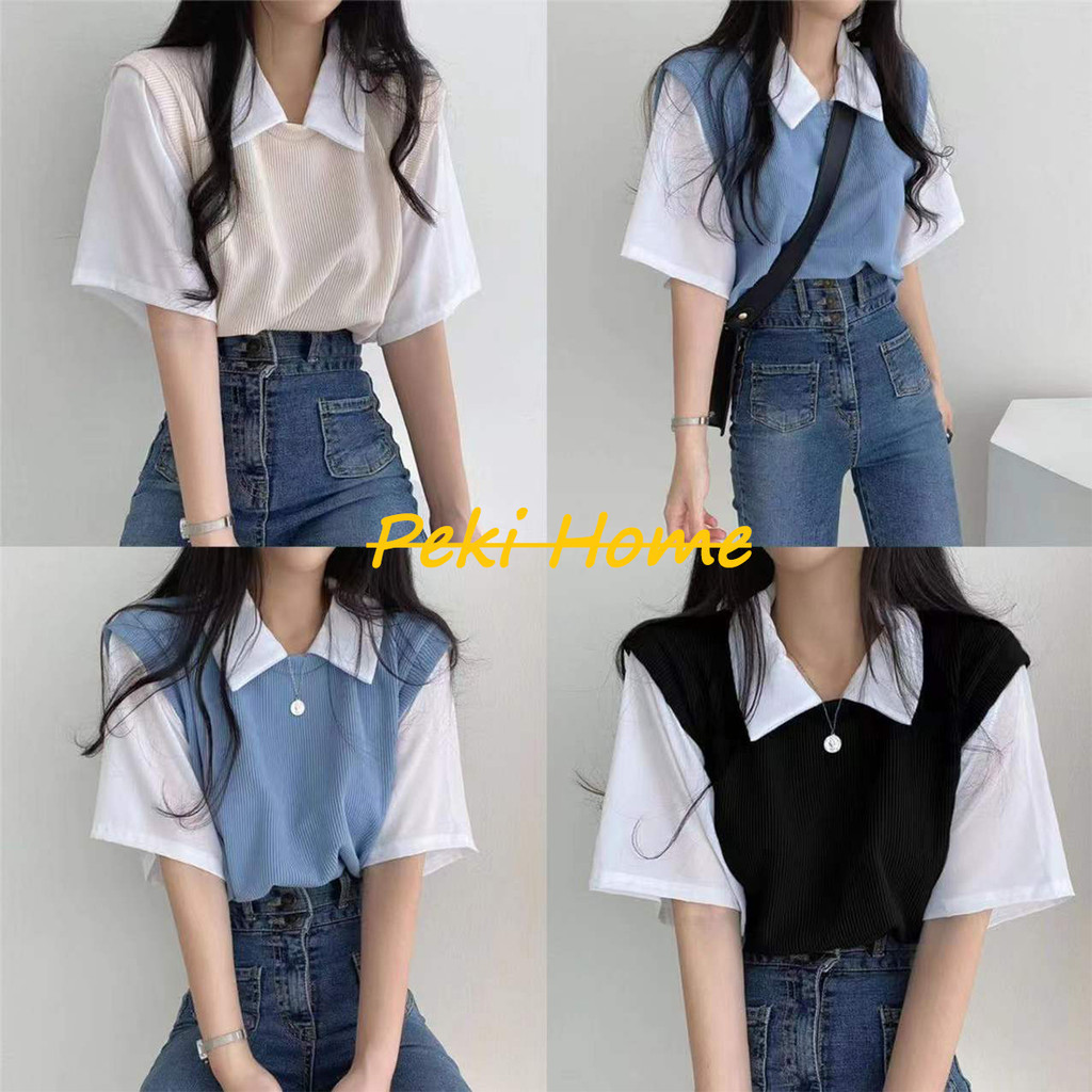 เสื้อเชิ้ตแขนสั้น คอปกงานตัดเย็บสวย สีทูโทนน่ารักๆ สไตล์เกาหลี