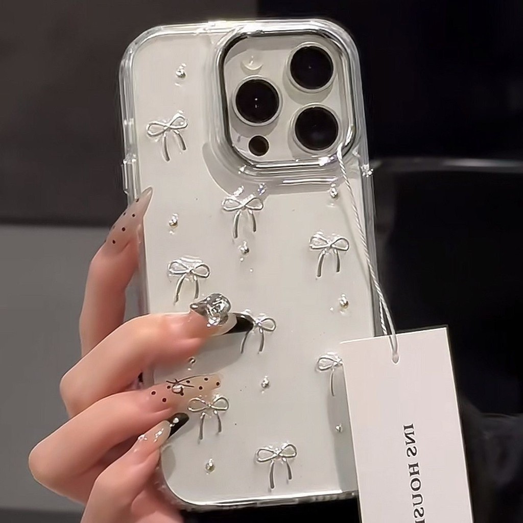 Ins เคสโทรศัพท์มือถืออีพ็อกซี่ใส แบบนิ่ม ลายโบว์ 3D สําหรับ iPhone17 16 Pro Max16 Plus 15 14 13 12 11 Pro Max 14 15 Plus