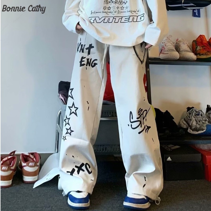 Bonnie Cathy  ตัวอักษรกราฟฟิตีพิมพ์กางเกงขากว้างเอวสูงอเมริกันฮิปฮอปถนนสูงกางเกงตรง