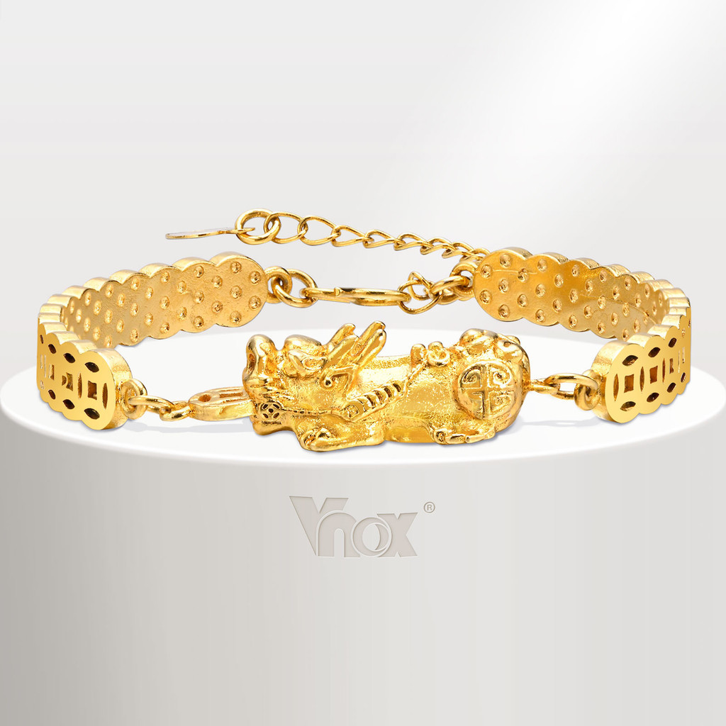 Vnox Pixiu สร้อยข้อมือเหรียญ ทอง 18K ปรับได้ หรูหรา สําหรับผู้หญิง ของขวัญวันเกิด