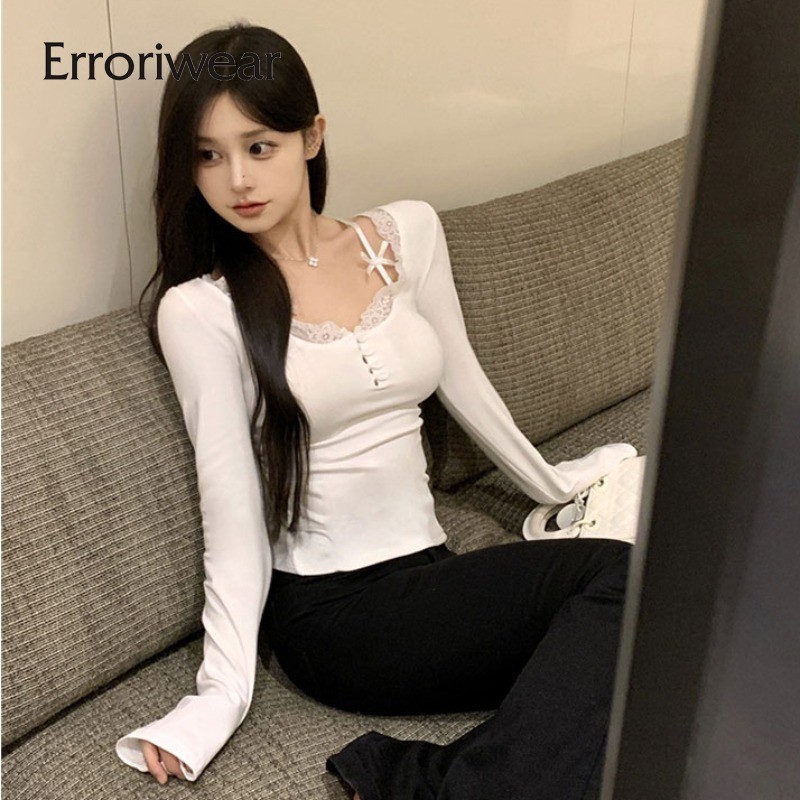 Erroriwear ใหม่ เสื้อยืดแขนยาว เข้ารูป แต่งลูกไม้ กระดุมหน้า สีพื้น สําหรับผู้หญิง 2024