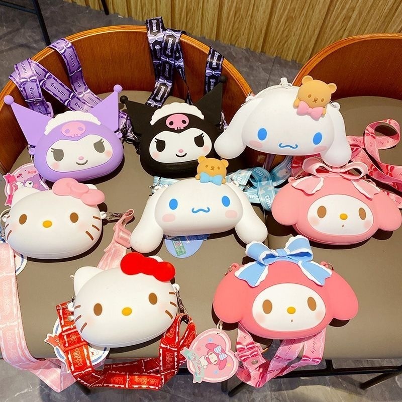 SANRIO กระเป๋าใส่เหรียญ กระเป๋าสะพายไหล่ ซิลิโคน ลายการ์ตูนดิสนีย์ คิตตี้น่ารัก สําหรับเด็กผู้หญิง และนักเรียน