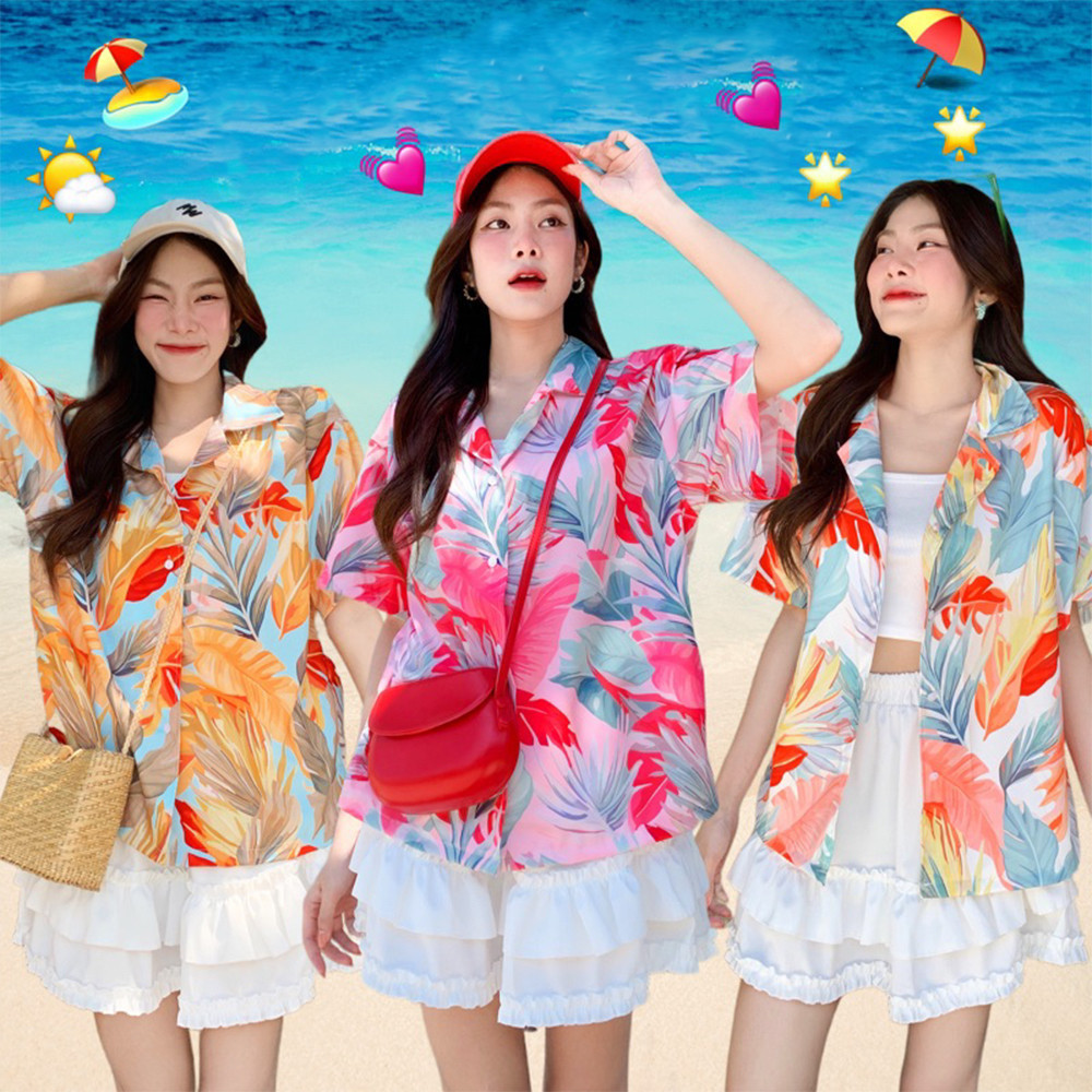 (จัดส่งภายใน 24 ชม.) เสื้อเชิ้ตผู้หญิงฮาวายบีชรีสอร์ทสไตล์ผู้หญิงเสื้อเชิ้ตผู้หญิงสีสันสดใส