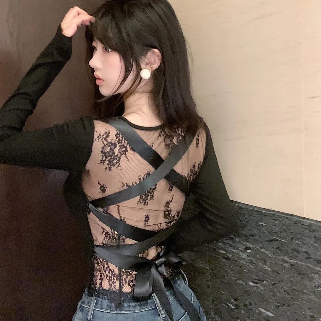 เสื้อยืดแขนยาว แต่งลูกไม้ สีดํา แฟชั่นฤดูร้อน สําหรับผู้หญิง