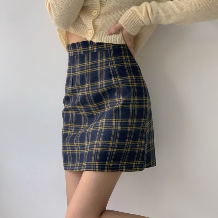 Nuziro Checkered Skirt - กระโปรงเอวสูงแฟชั่นสำหรับสุภาพสตรี #3017