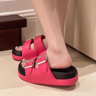 ของแท้ นุ่มเหมือนหมอน รองเท้าแตะสวม ลายคาดเข็มขัดคู่ สีแป๋นแสบตา พื้นหนานุ่มใส่สบาย ส่งไว