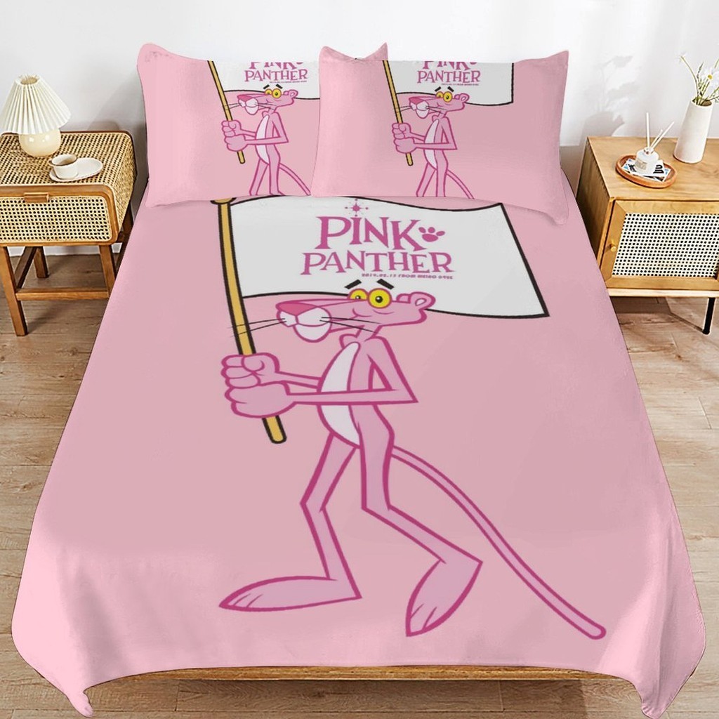 Pink Panther 3 in 1 ชุดเครื่องนอน ผ้าปูที่นอน ผ้าฝ้าย ปลอกหมอน 2 ชิ้น ปลอกหมอนคู่ 1 ชิ้น