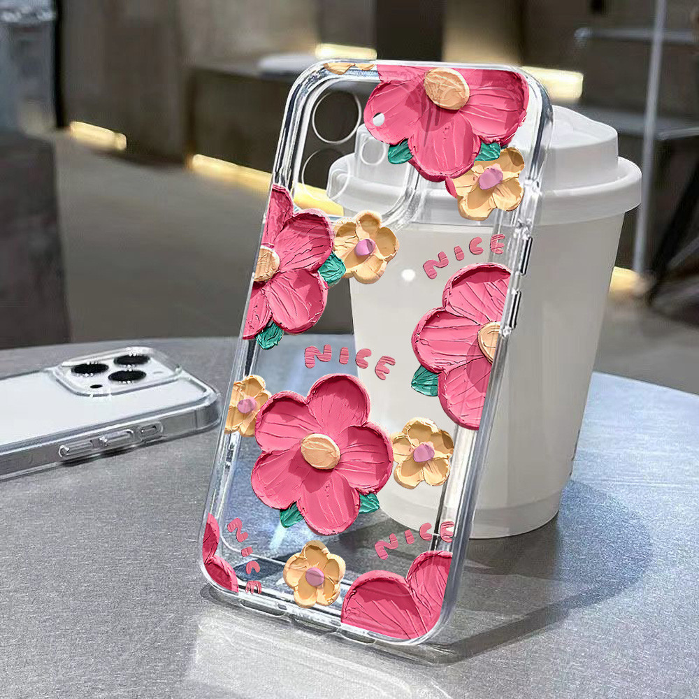 เคสโทรศัพท์ซิลิโคน TPU โปร่งใส for iPhone 11 13 14 15 12 Pro Max XR 7 8 Plus X XS Max SE 2020 SE3 ภาพวาดสีน้ำมันดอกไม้ปก