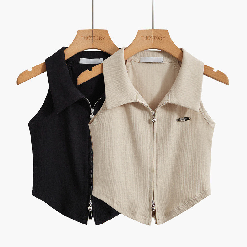 Niche Design สีทึบ Camisole ฤดูร้อนแขนกุดสั้นซิปเสื้อกั๊ก