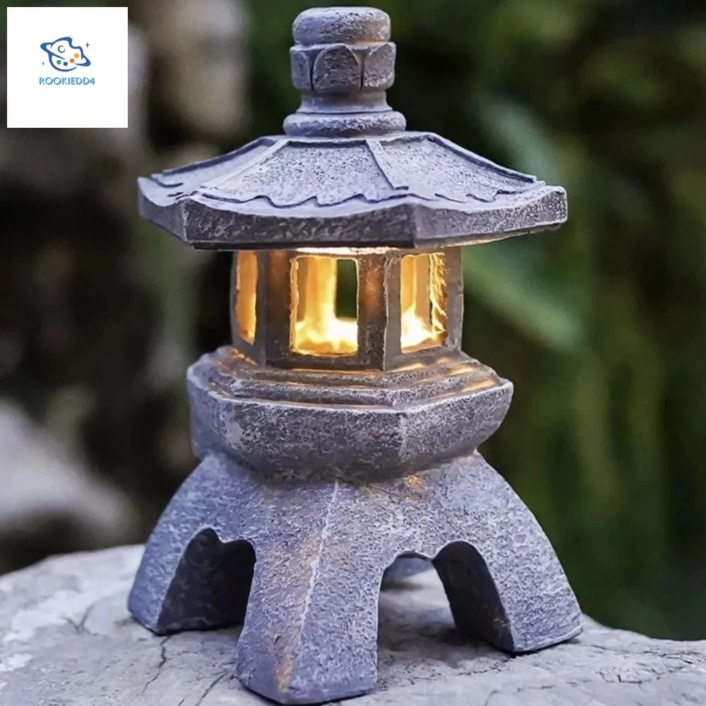 Rookiedd4 พลังงานแสงอาทิตย์ LED เจดีย์โคมไฟ,เรซิ่นรูปปั้นประณีต, Zen Stone Tower Decor งานฝีมือสร้างสรรค์ Landscap โคมไฟตกแต่งสวน