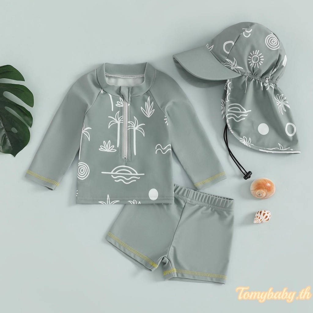 Tomybaby-baby Boys 3 ชิ้น Rash Guard ชุดว่ายน้ําชุดต้นมะพร้าวพิมพ์เสื้อแขนยาวซิป + กางเกงขาสั้น + หมวกว่ายน้ํา