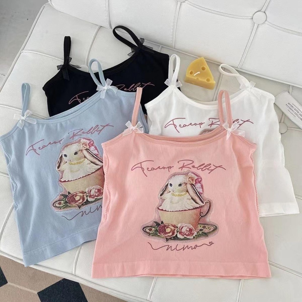 YY84 สายเดี่ยว เสื้อแฟชั่นผู้หญิง แต่งลูกไม้ โบว์ สไตล์เกาหลี เซ็กซี่ สุดน่ารักลายกระต่าย ราคาถูกมาก