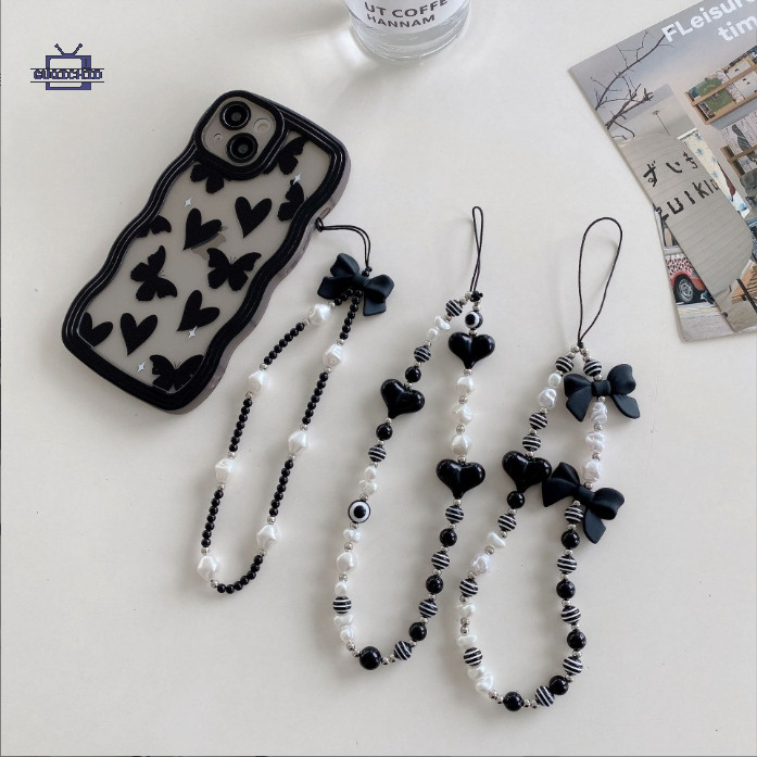 สายคล้องโทรศัพท์มือถือห่วงโซ่โทรศัพท์มือถือลูกปัดสีดำและสีขาวพร้อมจดหมายรักเชือกคล้องโทรศัพท์มือถือป้องกันการสูญหายและป้
