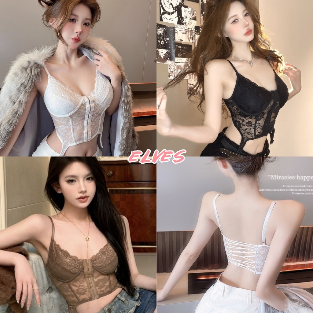 Elves✨พร้อมส่ง✨ เสื้อสายเดี่ยว ลายลูกไม้บางๆ ไม่มีฟองน้ำ ซีทรูนิดๆเว้าหลัง ~FY163/FY1898~ -H