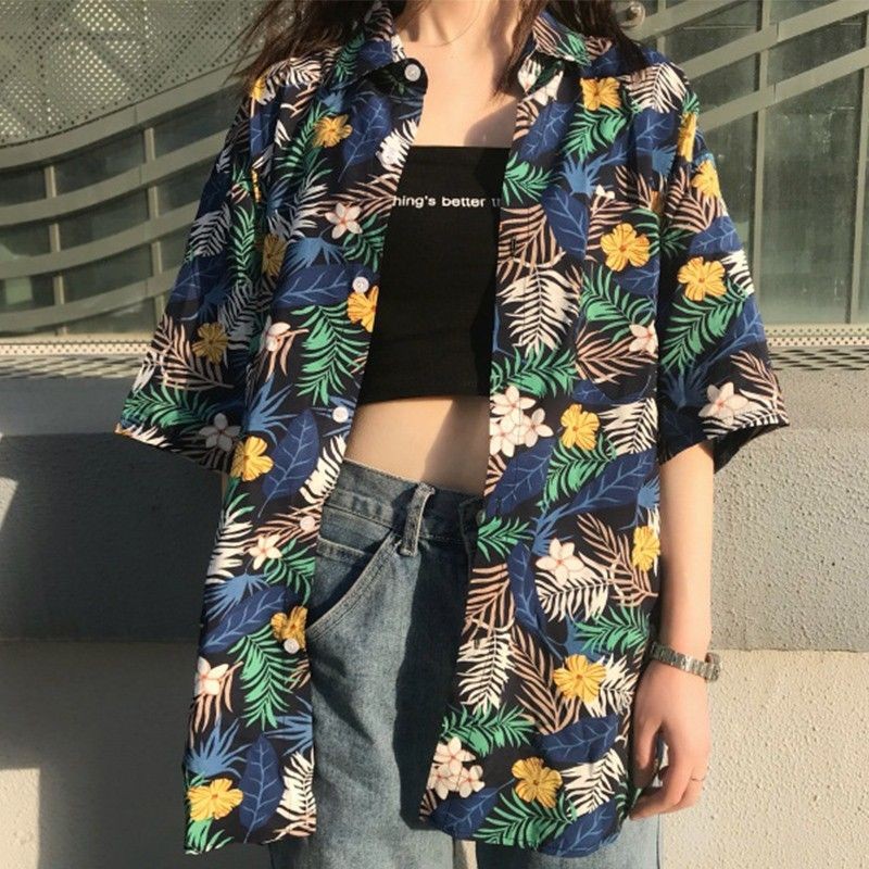 เสื้อเชิ้ตแขนสั้นลายดอกไม้ สไตล์เกาหลีทรงหลวม