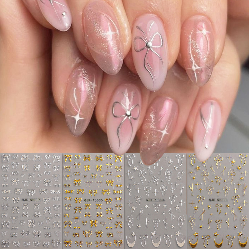 HAMA เล็บเล็บสติกเกอร์ขายส่ง Metallic Bow Simple French เล็บตกแต่งเล็บสติกเกอร์ Decals เจ้าสาวงานแต่งงานเล็บ ราคา ถูกที่สุด ดีลบีเคเค