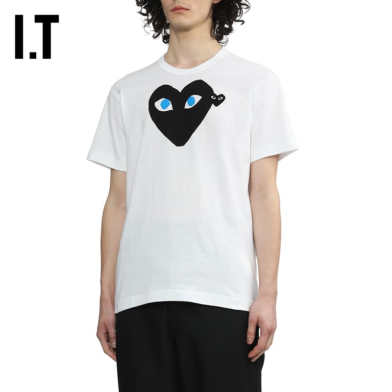 It CDG PLAY เสื้อยืดแขนสั้นตกแต่งโลโก้รักคู่แฟชั่นใหม่
