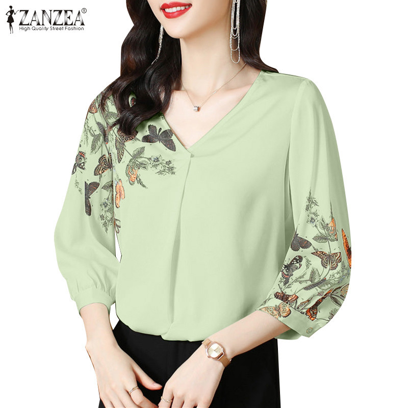 Zanzea เสื้อเบลาส์ลําลอง คอวี แขนสามส่วน พิมพ์ลาย แฟชั่นเกาหลี สําหรับผู้หญิง