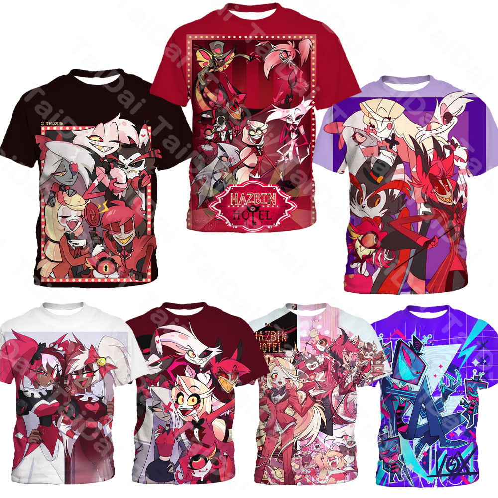เสื้อยืดคอกลม แขนสั้น พิมพ์ลายการ์ตูนอนิเมะ Hazbin Hotel สไตล์ฮิปฮอป สําหรับเด็ก 5-14 ปี