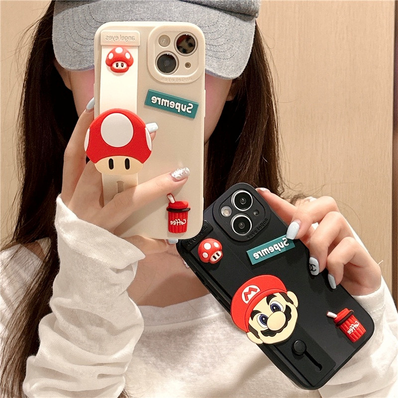 For Samsung Galaxy S24 S23 Ultra S21 S20 FE S22 S10 S9 S8 Plus เคสโทรศัพท์ซิลิโคน ลายเห็ดมาริโอ้ 3D พร้อมขาตั้ง สําหรับ