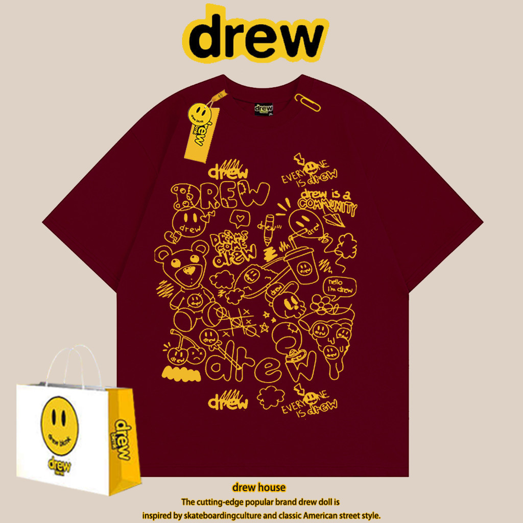 Drev เสื้อยืดแขนสั้นลําลอง พิมพ์ลายหน้ายิ้ม ทรงหลวม แฟชั่นคู่รัก สําหรับผู้ชาย และผู้หญิง