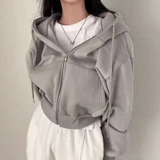 เสื้อแจ็กเก็ตครอป ทรงหลวม แขนยาว มีฮู้ด สีพื้นเรียบๆ