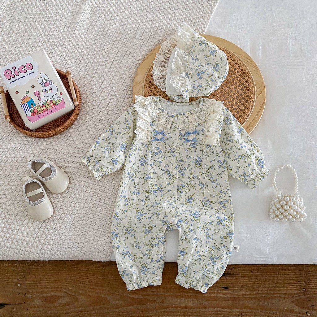 【Gift A Hat】Baby Girl Romper บางแขนยาว Jumpsuit Blue Floral Fragments หวานเสื้อผ้าเด็ก 0-24 เดือน - รูปที่ 7