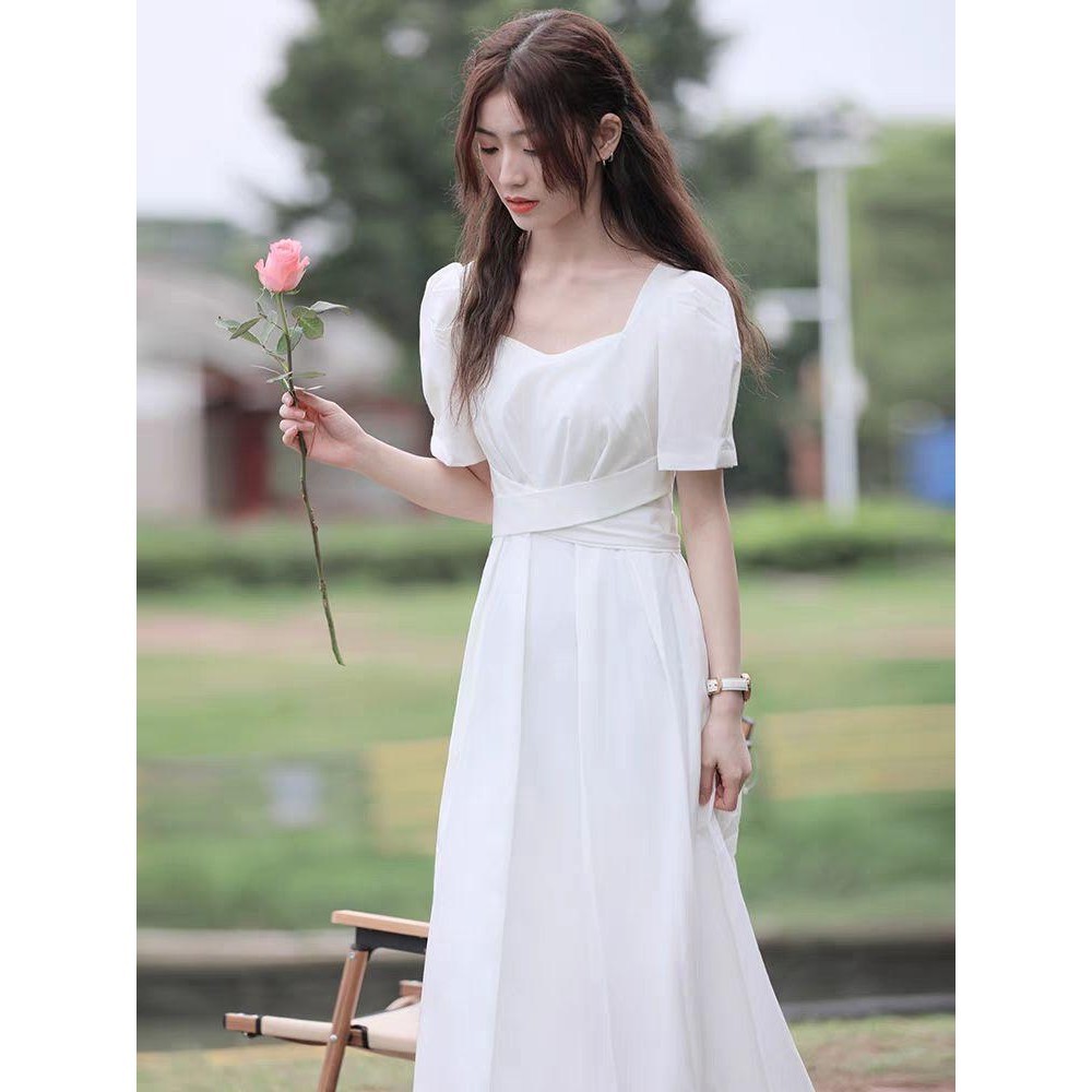 [S-4XL]ชุดเดรสยาวแขนพอง มีสายรัดเอวเข้ารูป กระโปรงยาวเรียบหรูสไตล์ลำลอง ใส่ออกงานได้ ผู้หญิง เดรส เหมาะสำหรับสาวอวบ