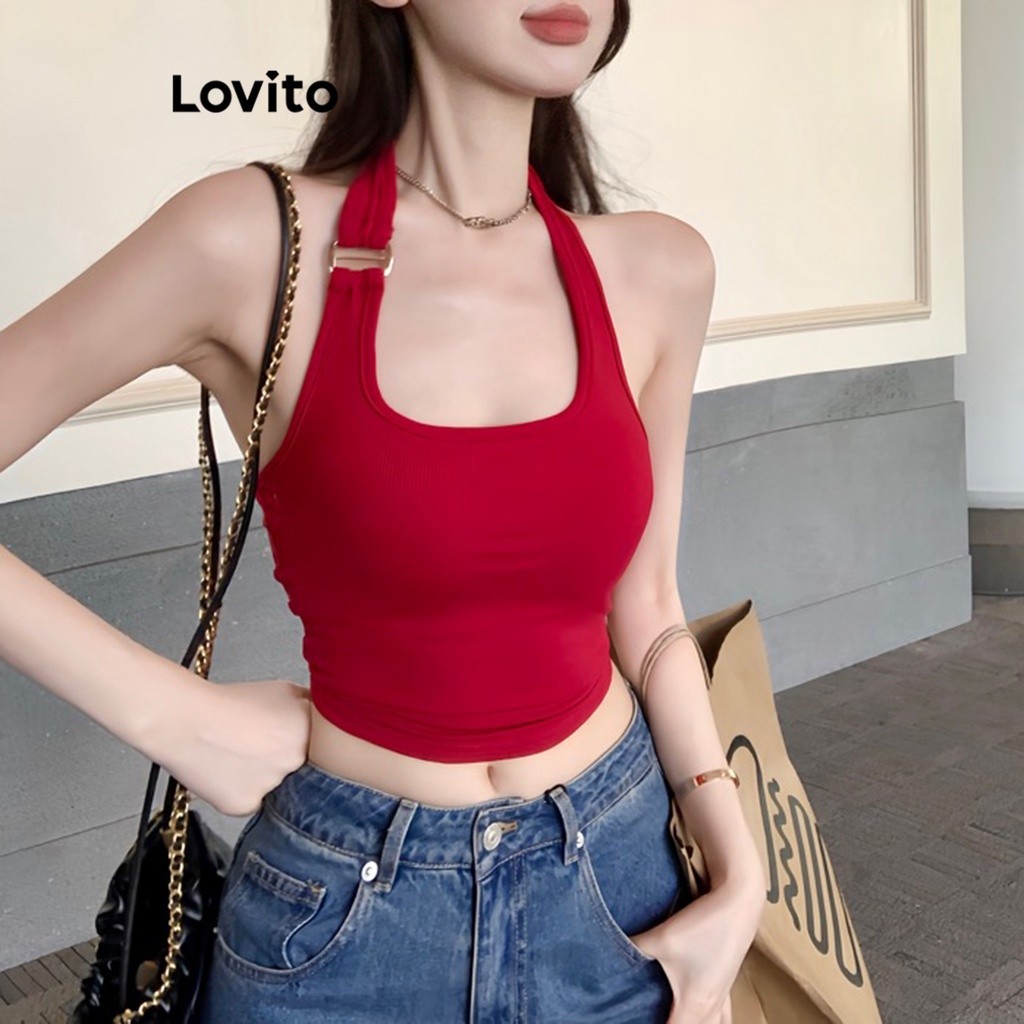 Lovito Cami เสื้อท็อปส์ ลําลอง โลหะ สําหรับผู้หญิง LNA29237 (สีแดง/สีดํา)