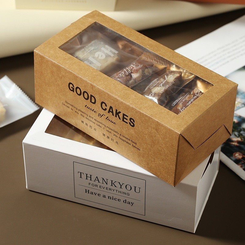 Bakery D'VER ❤️ กล่องลิ้นชัก Roll Cake ขนาด 8*17.5*6.5 cm. แพคละ 10 ใบ กล่องหน้าต่างลิ้นชัก