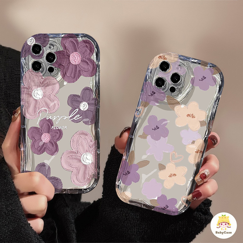 เคสนิ่มขอบโค้งหยัก 3D ดอกไม้สีม่วงใสสำหรับ iPhone 7 8 Plus 11 12 13 14 15 Pro Max 7Plus XR X XS Max 12 13 MINI SE 2020