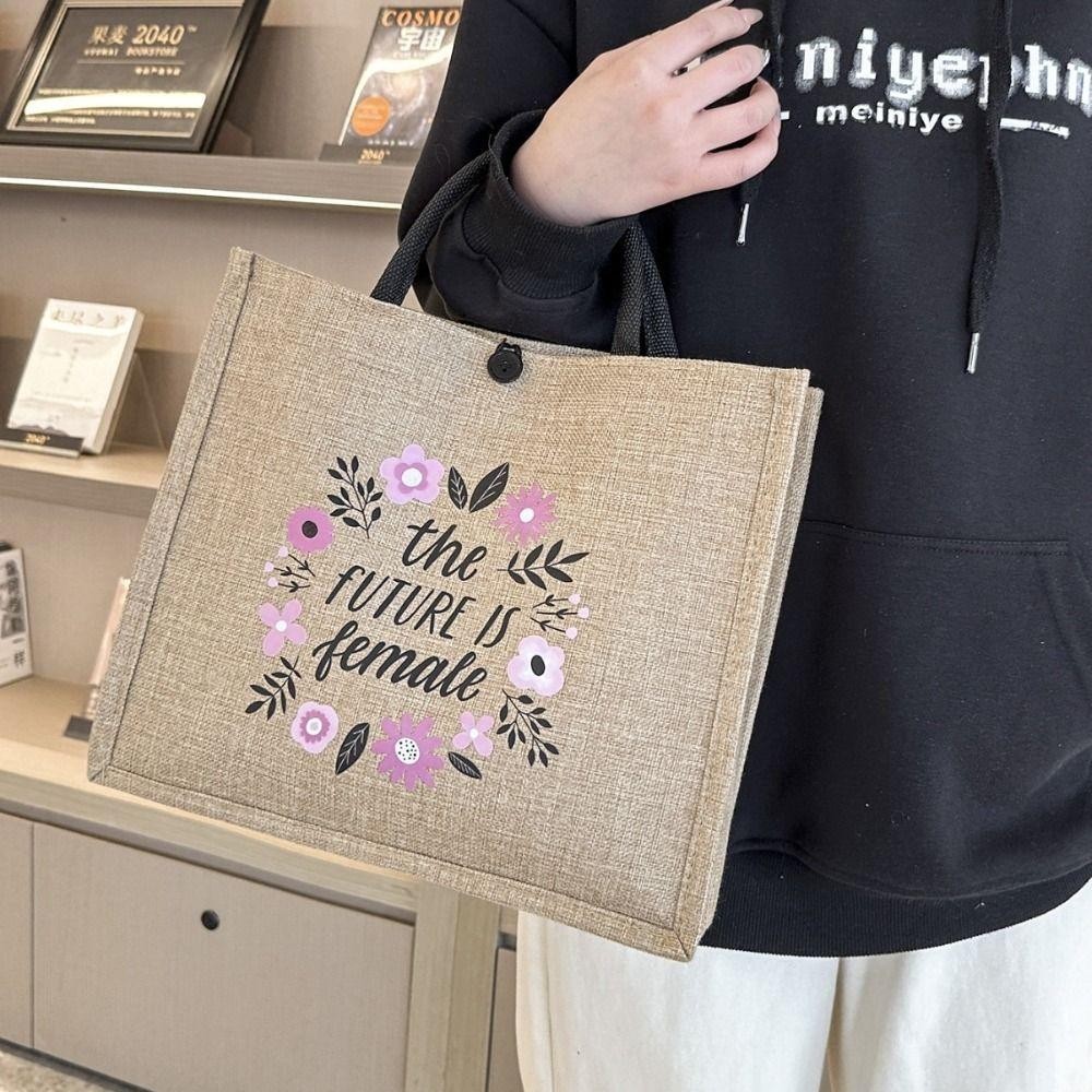 UUMIR กระเป๋าถือชายหาด, กระเป๋าโท้ทผ้าลินินหูหิ้วด้านบนพิมพ์ลายตัวอักษร,กระเป๋าใส่อาหารกลางวันความจุขนาดใหญ่แบบใช้ซ้ําได้ - รูปที่ 5